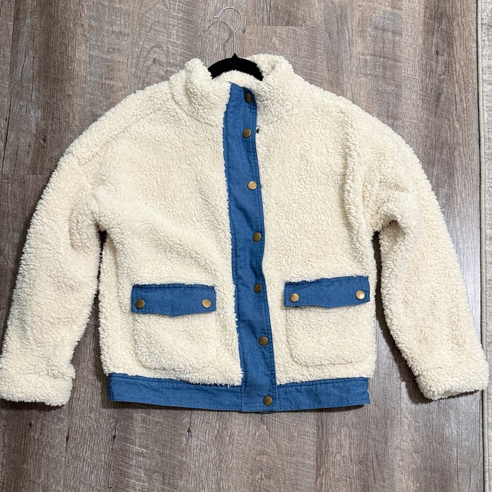 Kori fluffy sherpa fluffy soft Cream and Blue Puffer and denim Jacket